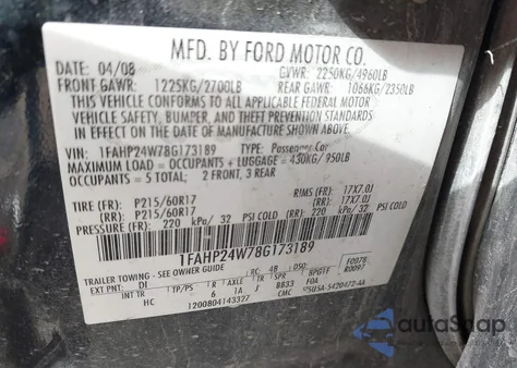 2008 Ford Taurus Sel z USA, uszkodzony, nr VIN 1FAHP24W78G173189